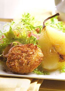 Poached Pears On Frise With Macadamia Crusted Buttermilk Blue Affine