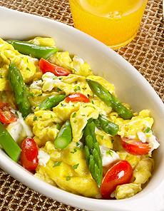 Asparagus Scramble With Herbed Cream Cheese & Tomatoes