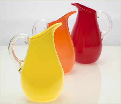 opaque pitchers, orange pitcher, red pitcher, yellow pitcher, jug
